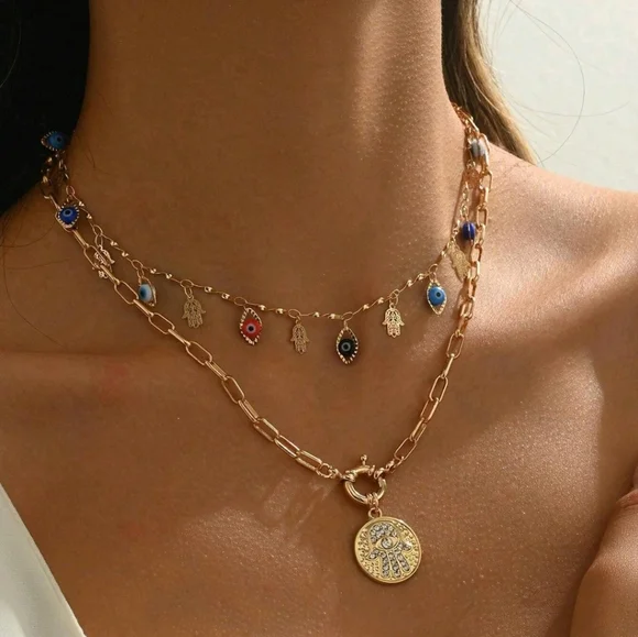 BRAND NEW Gold Evil Eye Charm Layered Necklace - Picture 2 of 2
